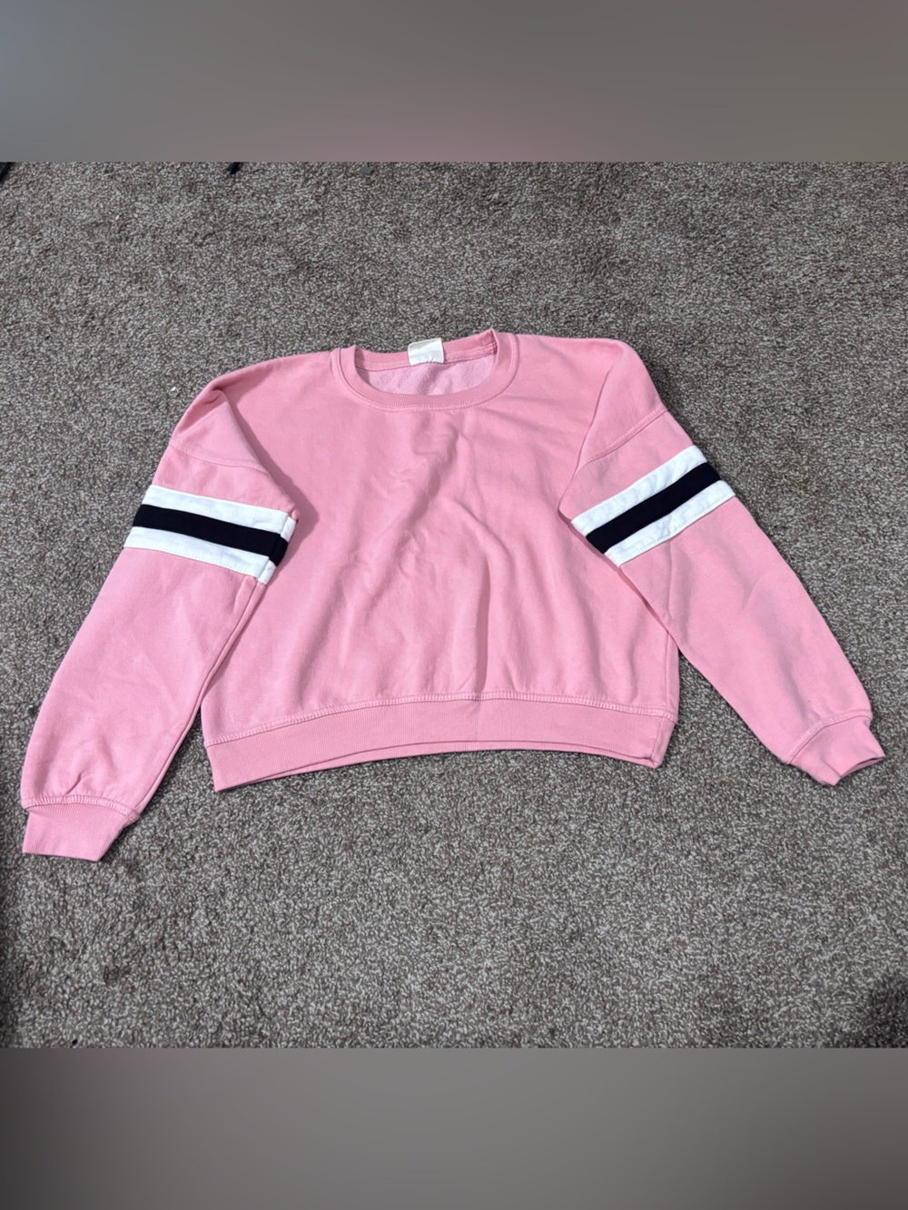 Pink Crewneck Sweatshirt with Stripe Sleeve Detail